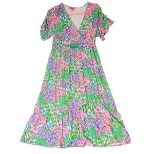 LILLY PULITZER Juliet Ruffle‎ Midi Dress Sz M Cherry On Top Multi Floral Stretch